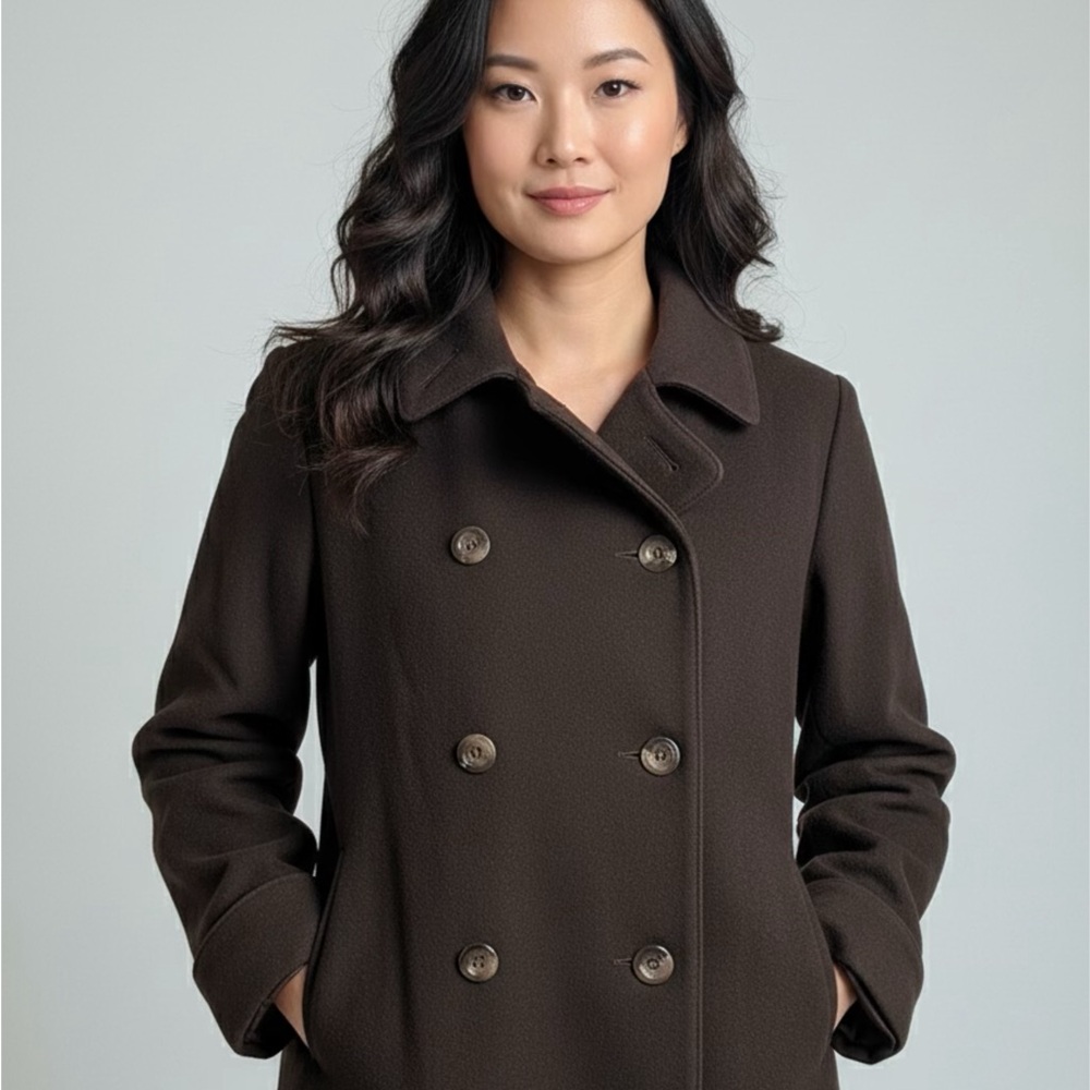 Chic Double-Breasted Wool Pea Coat in Dark Brown